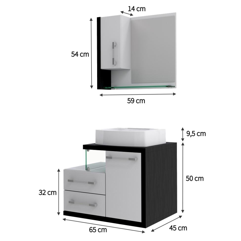 Conjunto de Gabinete de Banheiro com Cuba Aria 41 e Espelheira Wood 2 PT 2 GV Branco e Preto