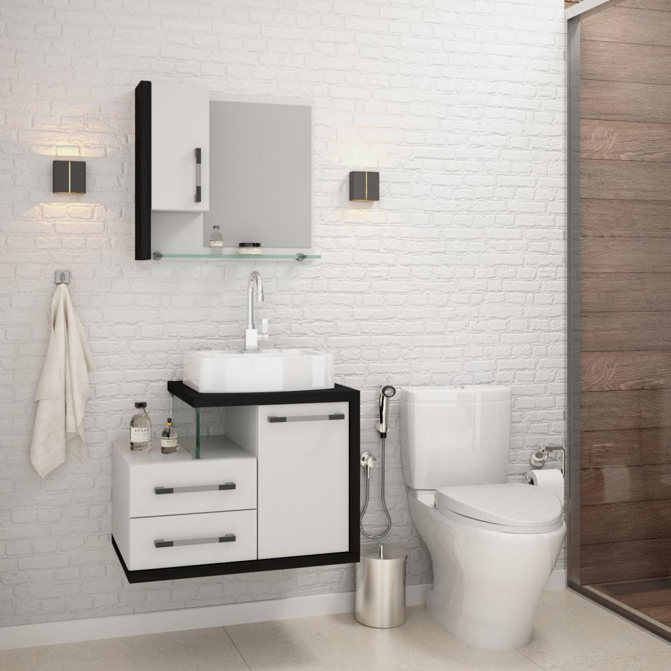 Conjunto de Gabinete de Banheiro com Cuba Aria 41 e Espelheira Wood 2 PT 2 GV Branco e Preto