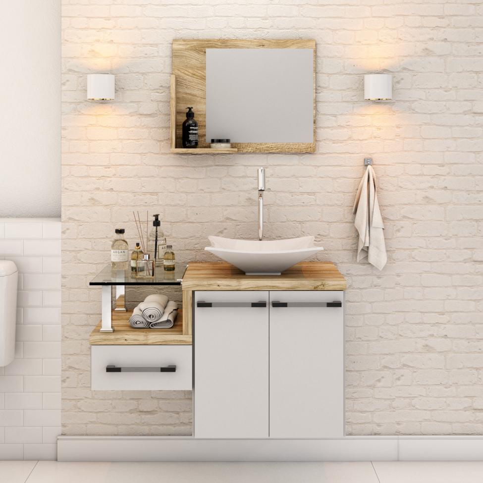 Conjunto de Gabinete de Banheiro com Cuba L38 e Espelheira Wood 2 PT 1 GV Branco e Carvalho