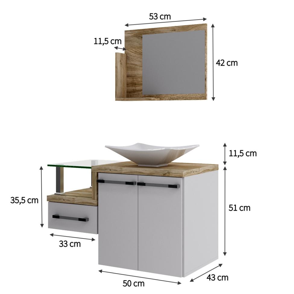 Conjunto de Gabinete de Banheiro com Cuba L38 e Espelheira Wood 2 PT 1 GV Branco e Carvalho