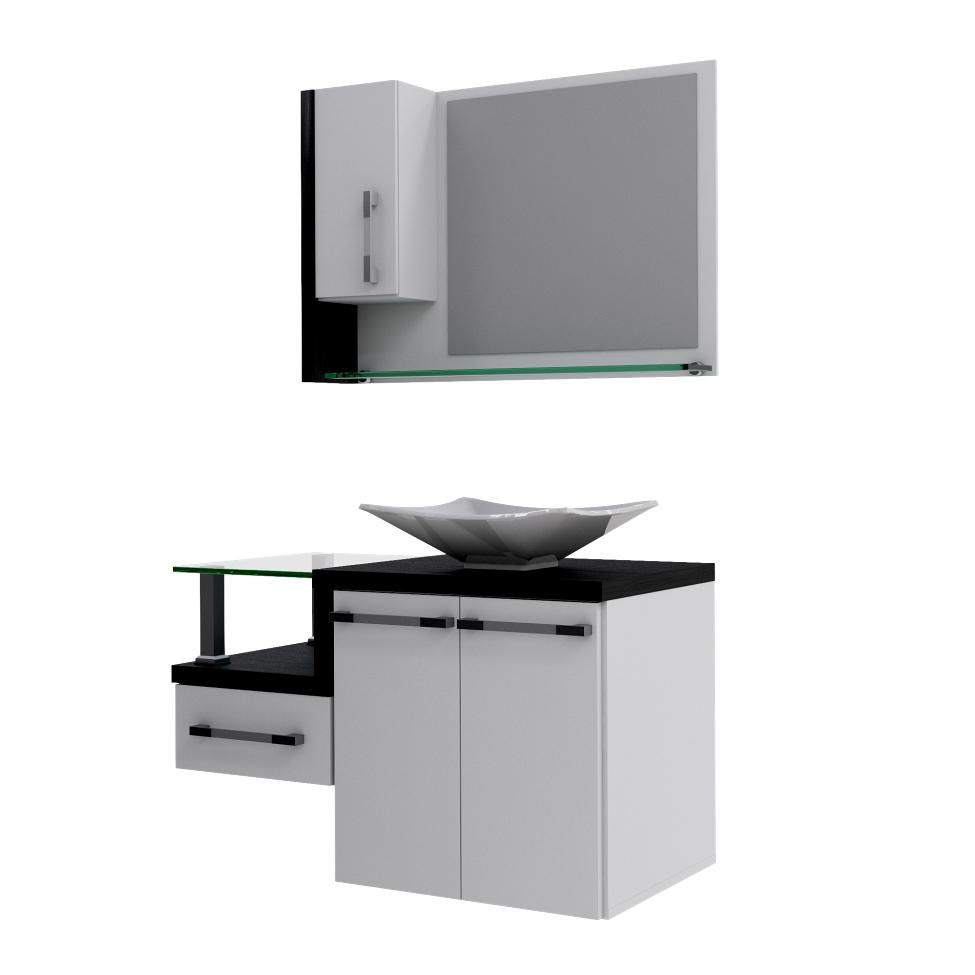 Conjunto de Gabinete de Banheiro com Cuba L38 e Espelheira Wood 3 PT 1 GV Branco e Preto