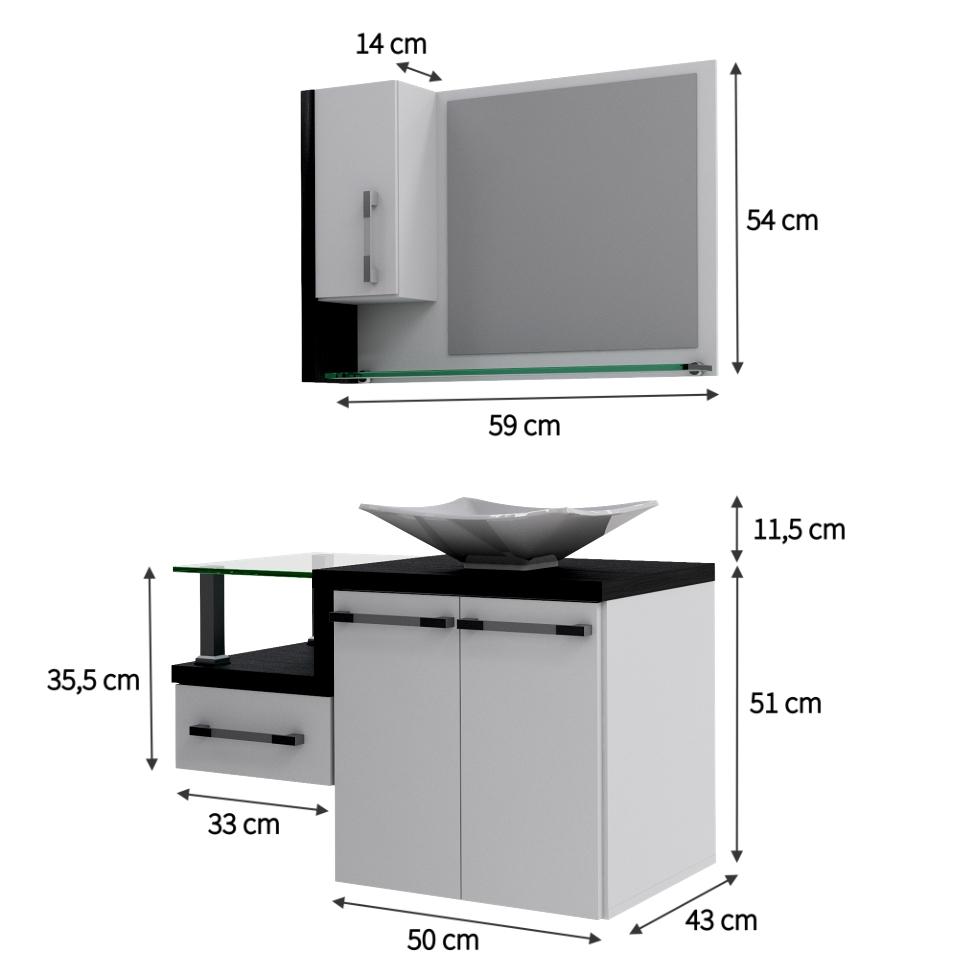 Conjunto de Gabinete de Banheiro com Cuba L38 e Espelheira Wood 3 PT 1 GV Branco e Preto