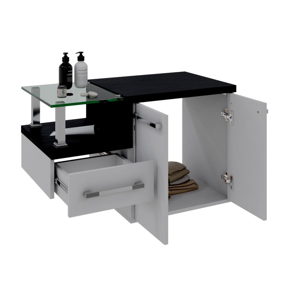 Conjunto de Gabinete de Banheiro com Cuba L38 e Espelheira Wood 3 PT 1 GV Branco e Preto