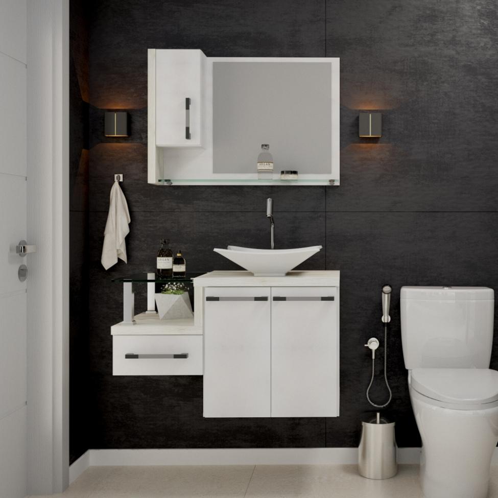 Conjunto de Gabinete de Banheiro com Cuba L38 e Espelheira Wood 3 PT 1 GV Branco e Snow