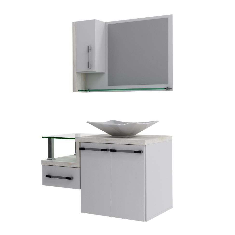 Conjunto de Gabinete de Banheiro com Cuba L38 e Espelheira Wood 3 PT 1 GV Branco e Snow