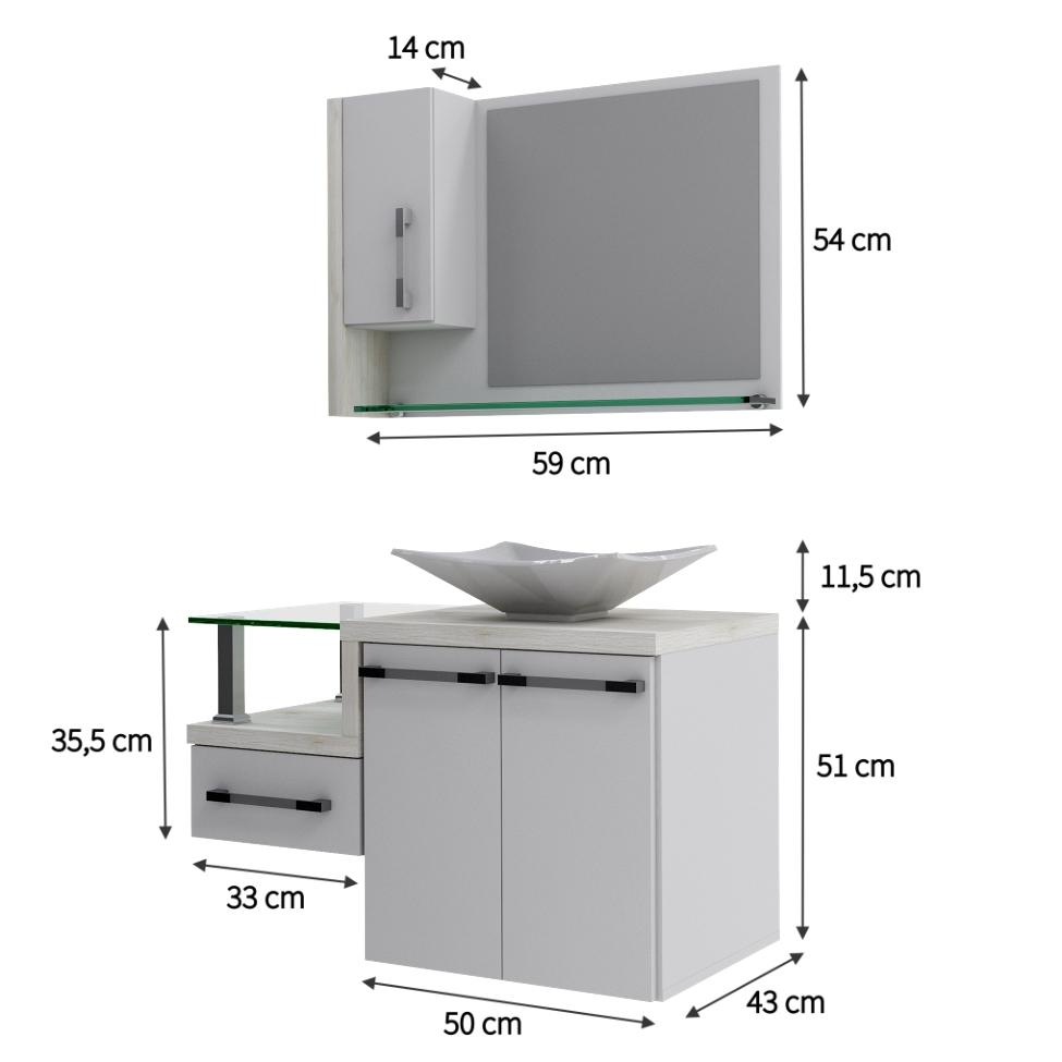 Conjunto de Gabinete de Banheiro com Cuba L38 e Espelheira Wood 3 PT 1 GV Branco e Snow