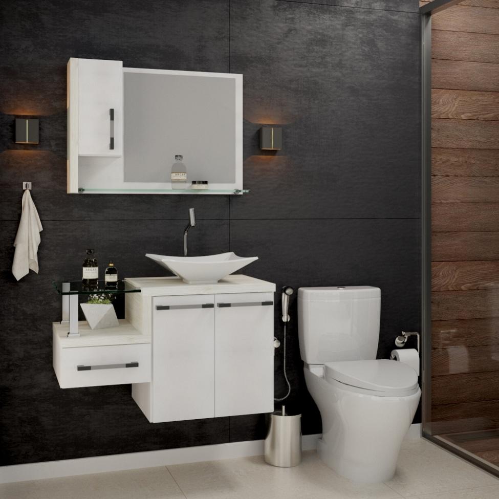 Conjunto de Gabinete de Banheiro com Cuba L38 e Espelheira Wood 3 PT 1 GV Branco e Snow