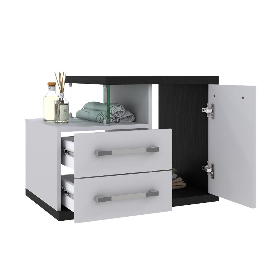 Conjunto de Gabinete de Banheiro com Cuba Q39 e Espelheira Wood 1 PT 2 GV Branco e Preto