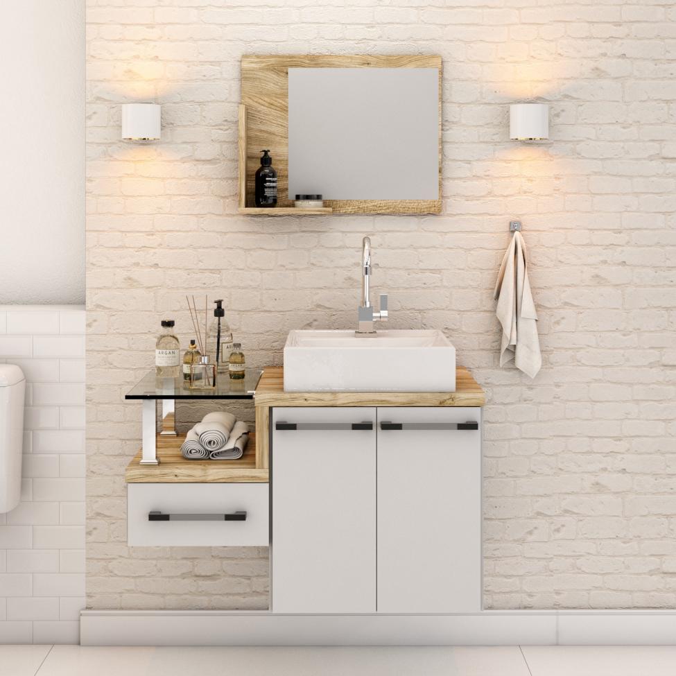 Conjunto de Gabinete de Banheiro com Cuba Q39 e Espelheira Wood 2 PT 1 GV Branco e Carvalho