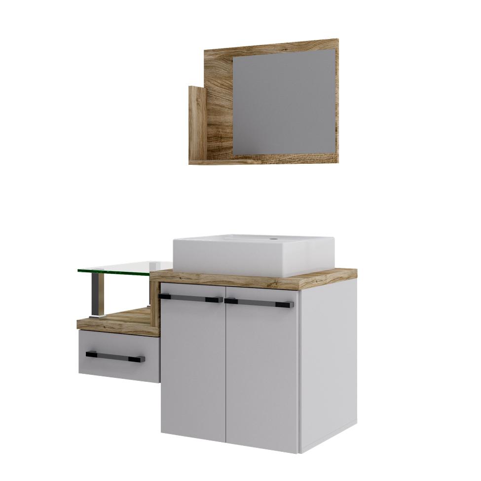 Conjunto de Gabinete de Banheiro com Cuba Q39 e Espelheira Wood 2 PT 1 GV Branco e Carvalho