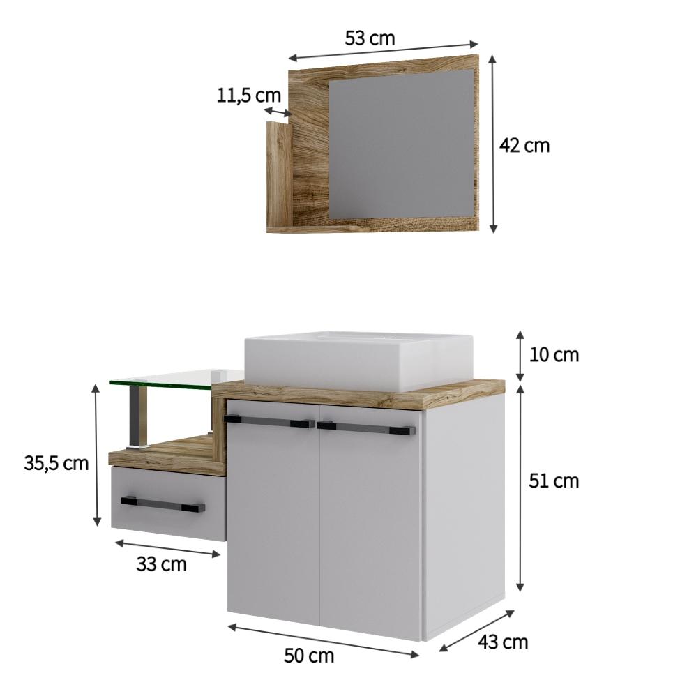 Conjunto de Gabinete de Banheiro com Cuba Q39 e Espelheira Wood 2 PT 1 GV Branco e Carvalho