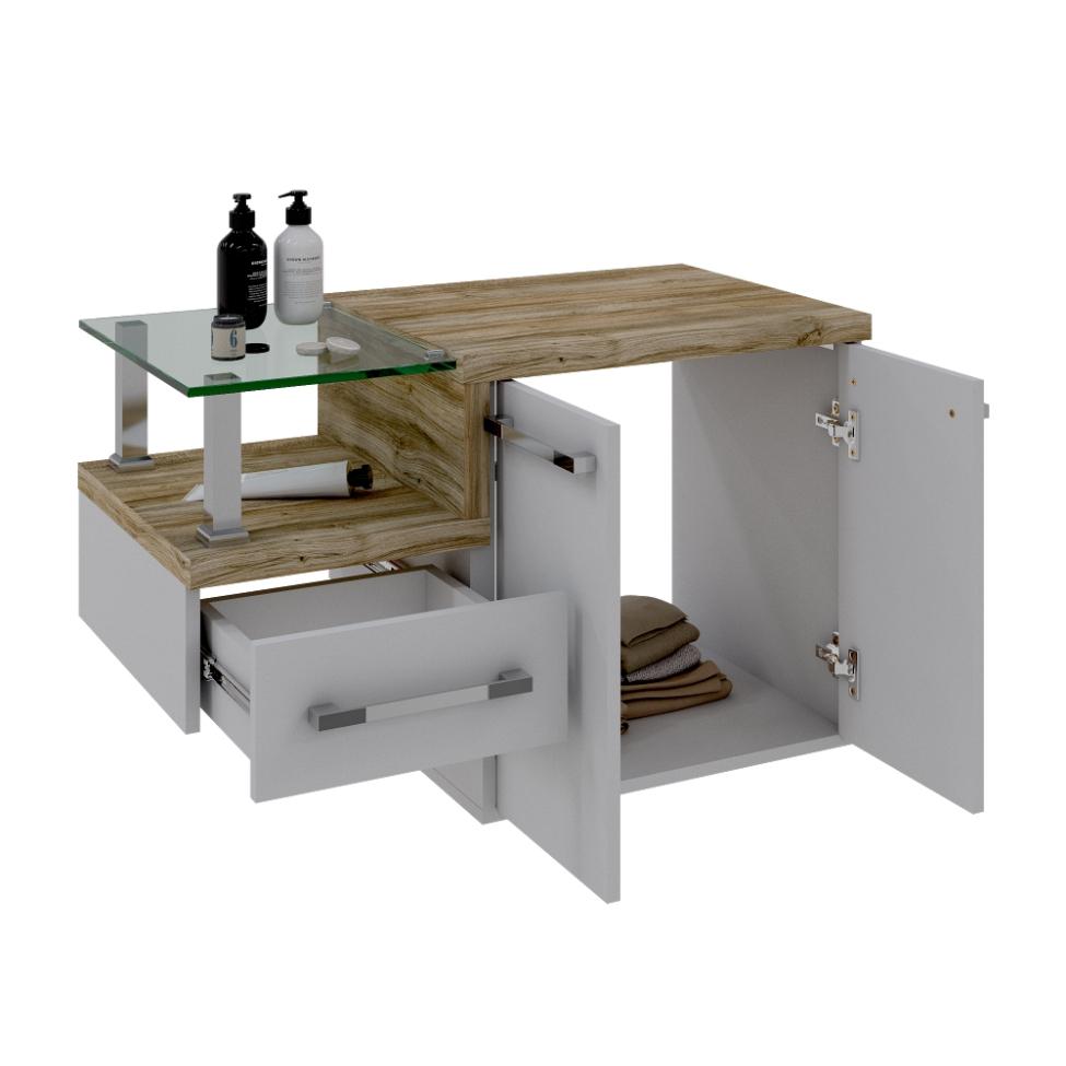 Conjunto de Gabinete de Banheiro com Cuba Q39 e Espelheira Wood 2 PT 1 GV Branco e Carvalho