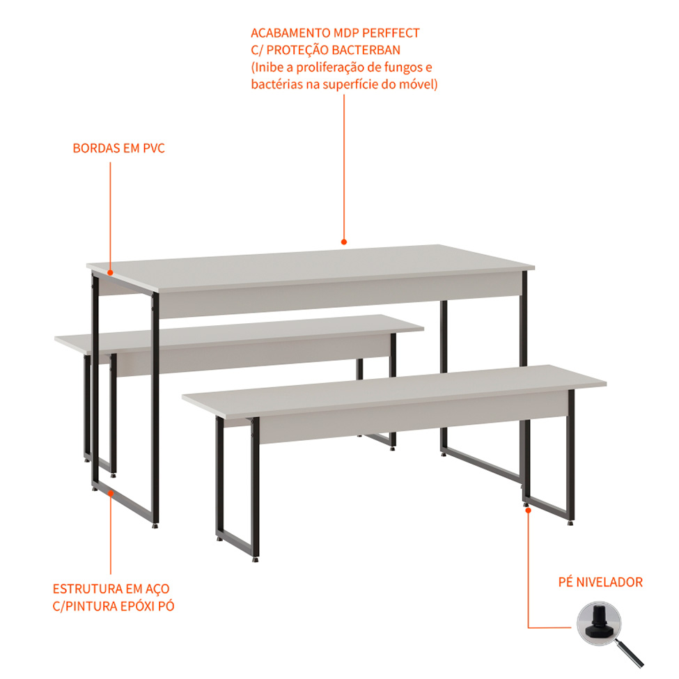 Conjunto de Mesa de Jantar com 2 Bancos Studio Branco e Preto