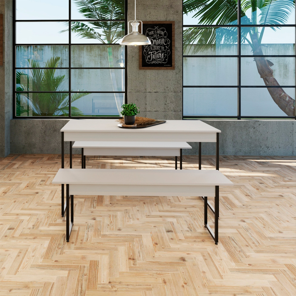 Conjunto de Mesa de Jantar com 2 Bancos Studio Branco e Preto