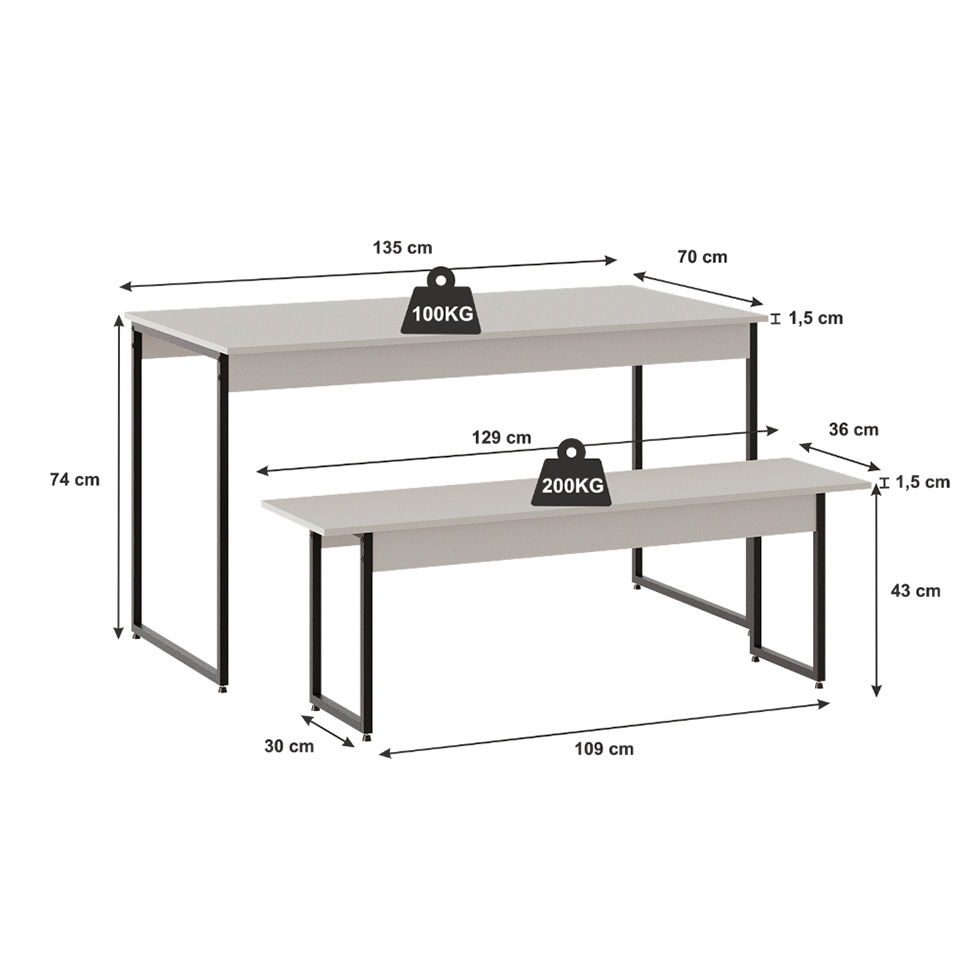 Conjunto de Mesa de Jantar com 2 Bancos Studio Branco e Preto