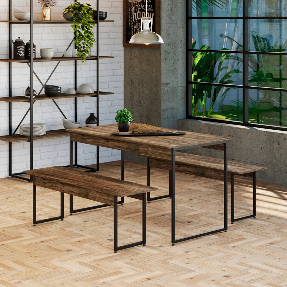 Conjunto de Mesa de Jantar com 2 Bancos Studio Carvalho Dark e Preto