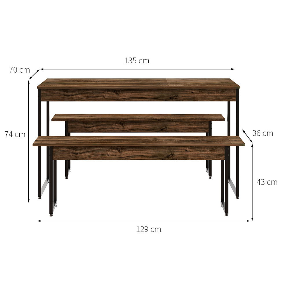 Conjunto de Mesa de Jantar com 2 Bancos Studio Carvalho Dark e Preto