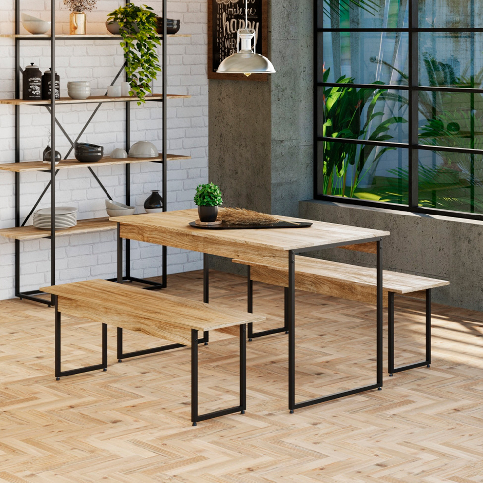 Conjunto de Mesa de Jantar com 2 Bancos Studio Carvalho e Preto