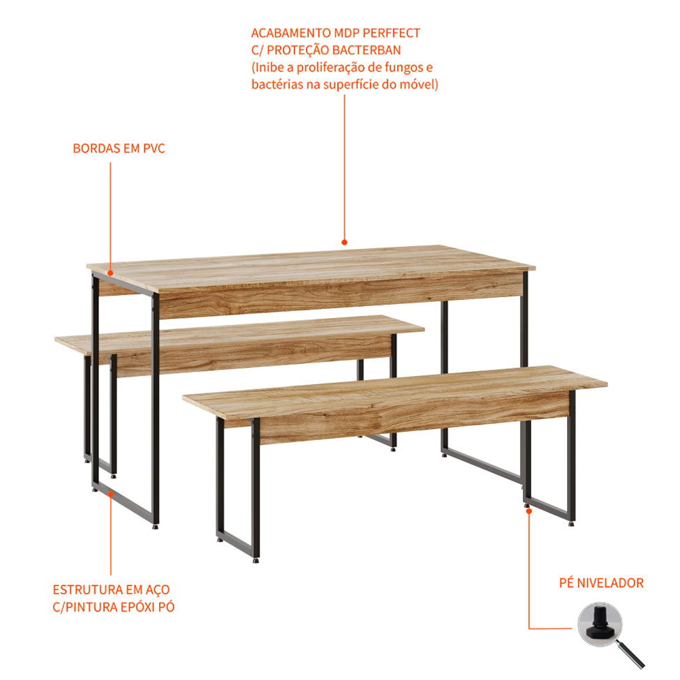 Conjunto de Mesa de Jantar com 2 Bancos Studio Carvalho e Preto