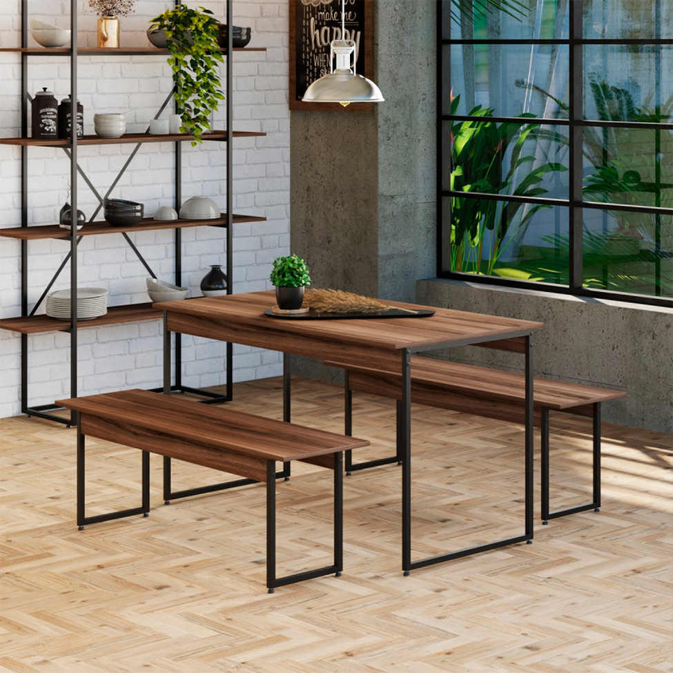 Conjunto de Mesa de Jantar com 2 Bancos Studio Nogal e Preto