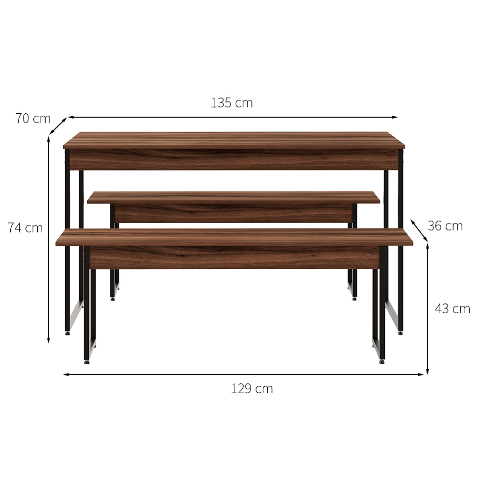 Conjunto de Mesa de Jantar com 2 Bancos Studio Nogal e Preto