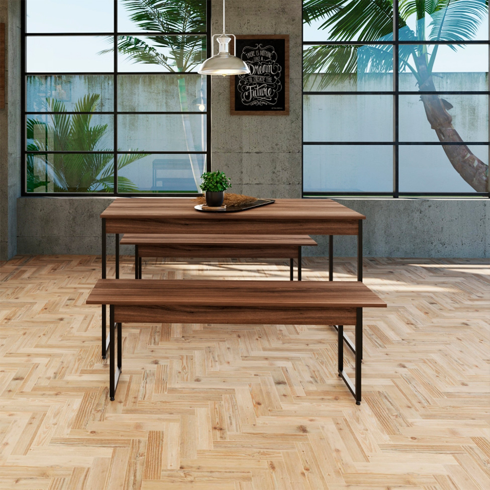 Conjunto de Mesa de Jantar com 2 Bancos Studio Nogal e Preto