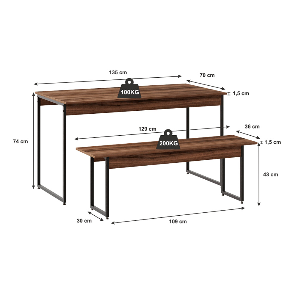 Conjunto de Mesa de Jantar com 2 Bancos Studio Nogal e Preto