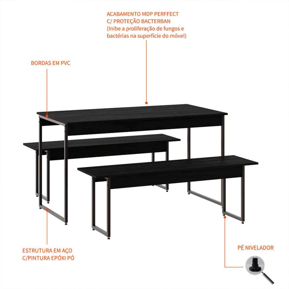 Conjunto de Mesa de Jantar com 2 Bancos Studio Preto