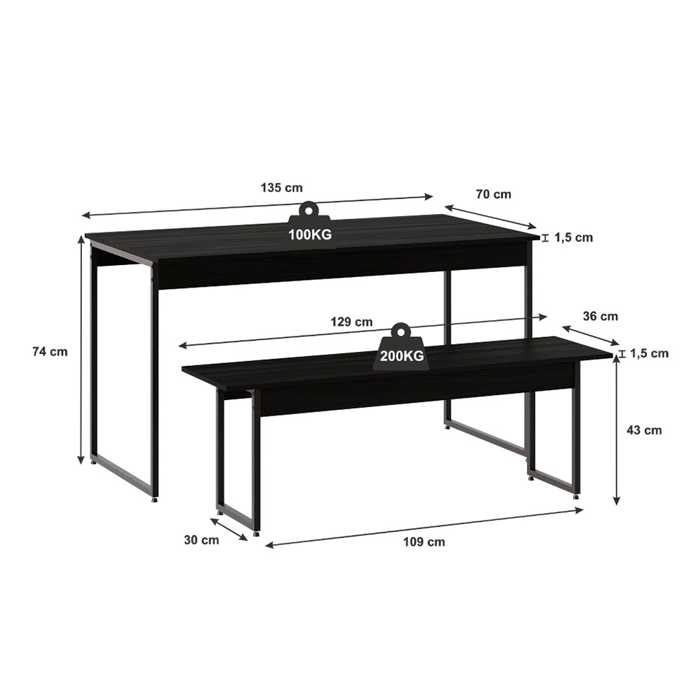 Conjunto de Mesa de Jantar com 2 Bancos Studio Preto