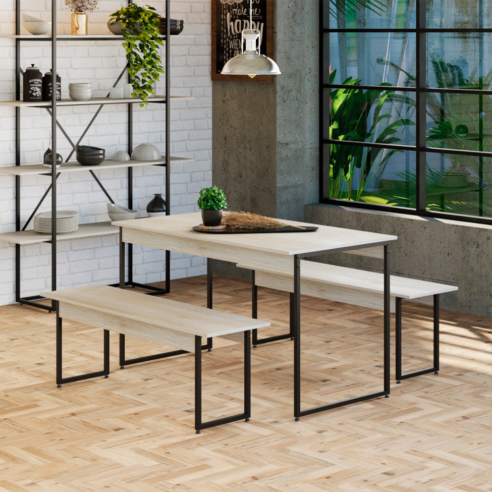 Conjunto de Mesa de Jantar com 2 Bancos Studio Snow e Preto