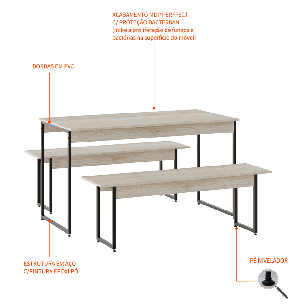 Conjunto de Mesa de Jantar com 2 Bancos Studio Snow e Preto