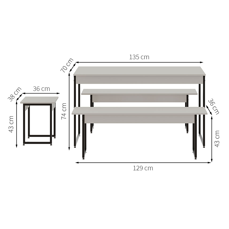 Conjunto de Mesa de Jantar com 2 Bancos e 2 Banquetas Studio Branco Chess e Preto