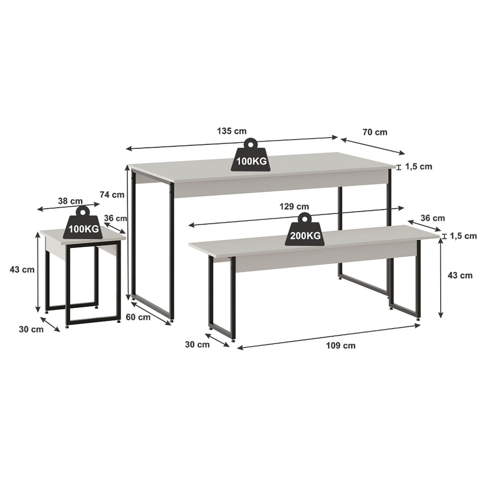 Conjunto de Mesa de Jantar com 2 Bancos e 2 Banquetas Studio Branco Chess e Preto