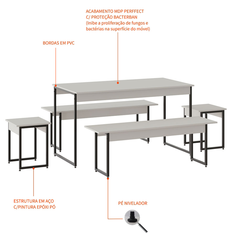 Conjunto de Mesa de Jantar com 2 Bancos e 2 Banquetas Studio Branco Chess e Preto