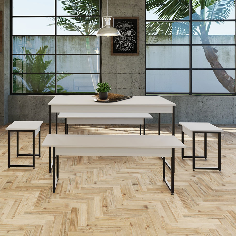 Conjunto de Mesa de Jantar com 2 Bancos e 2 Banquetas Studio Branco Chess e Preto