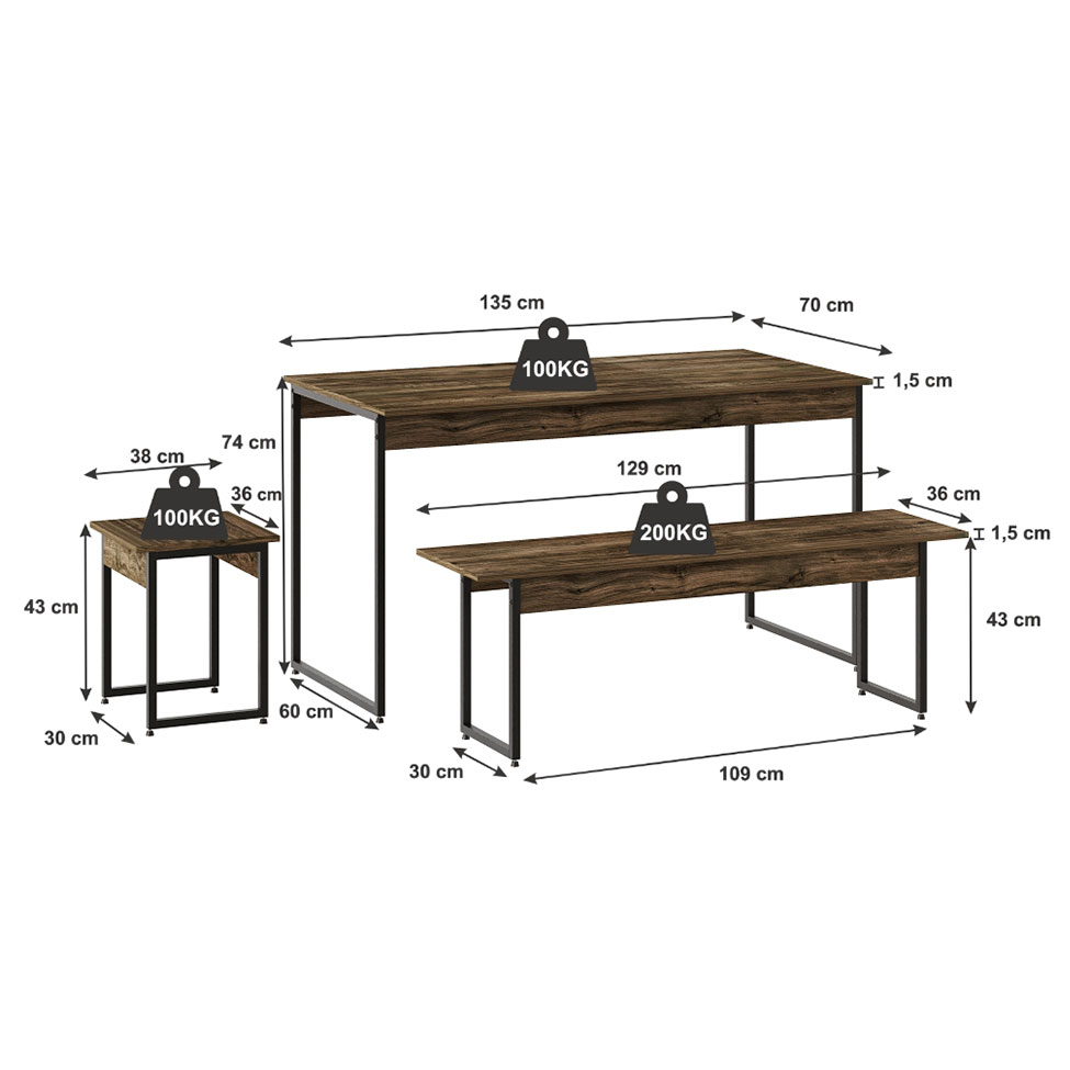 Conjunto de Mesa de Jantar com 2 Bancos e 2 Banquetas Studio Carvalho Dark e Preto