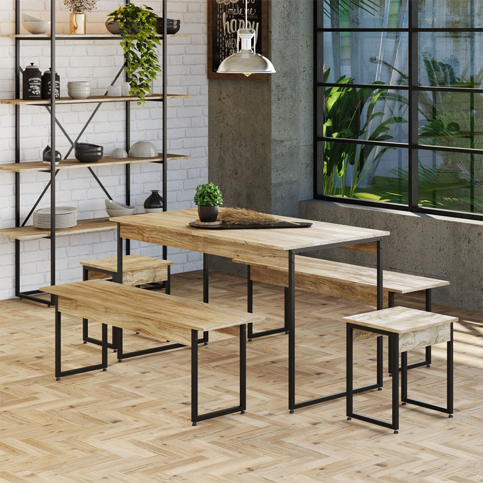 Conjunto de Mesa de Jantar com 2 Bancos e 2 Banquetas Studio Carvalho e Preto