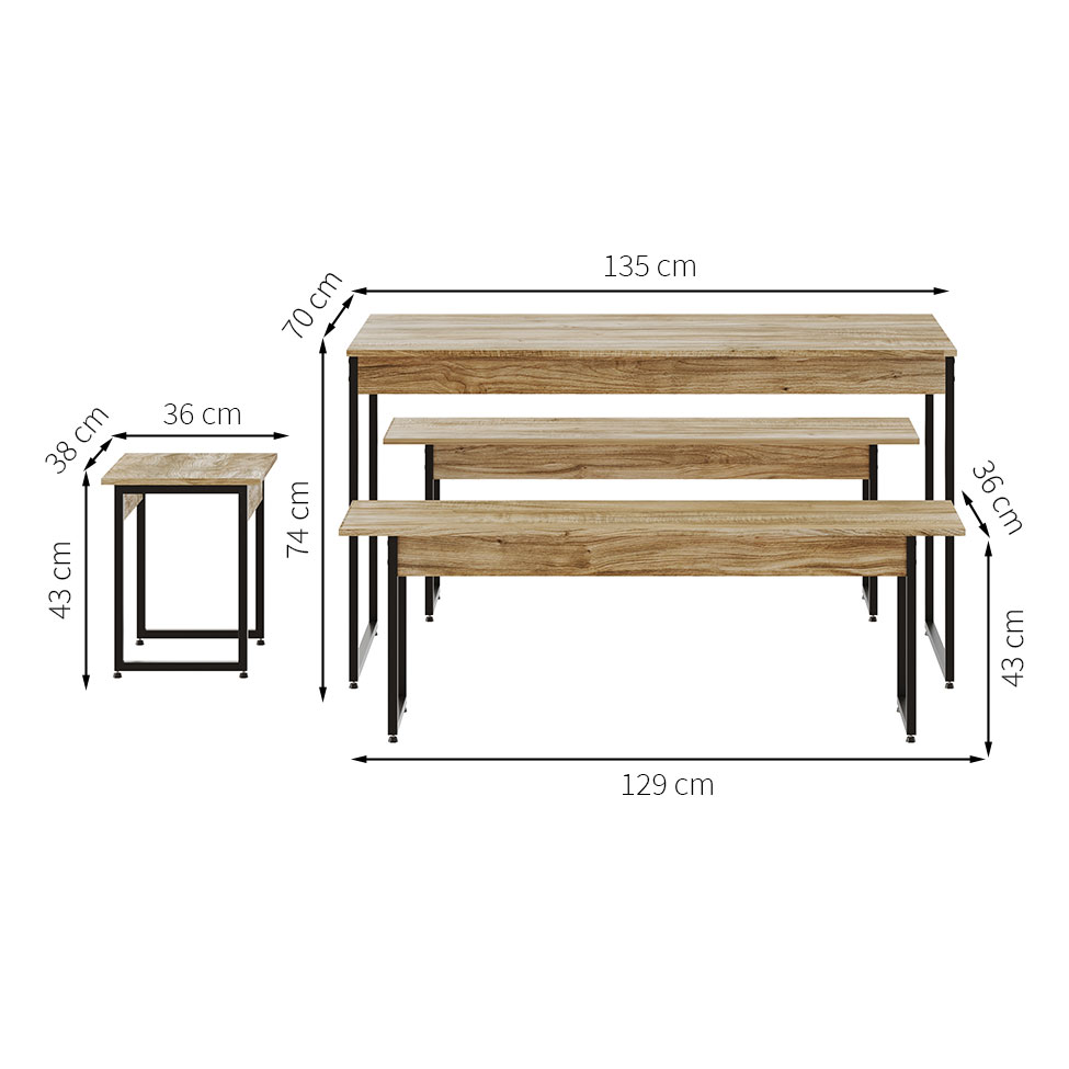 Conjunto de Mesa de Jantar com 2 Bancos e 2 Banquetas Studio Carvalho e Preto