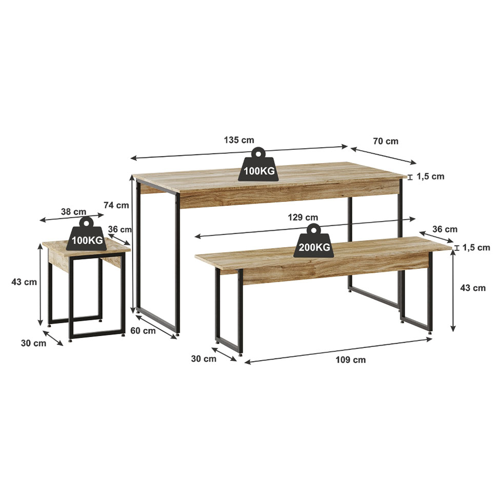 Conjunto de Mesa de Jantar com 2 Bancos e 2 Banquetas Studio Carvalho e Preto