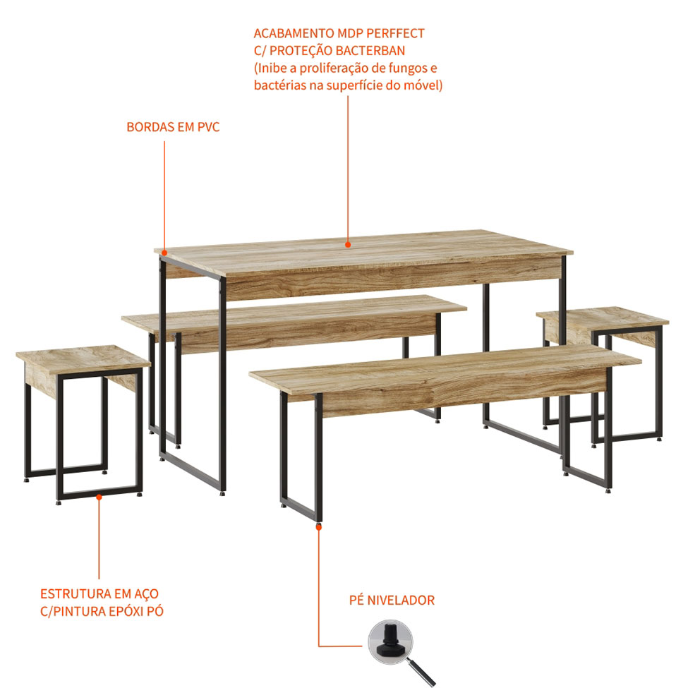 Conjunto de Mesa de Jantar com 2 Bancos e 2 Banquetas Studio Carvalho e Preto