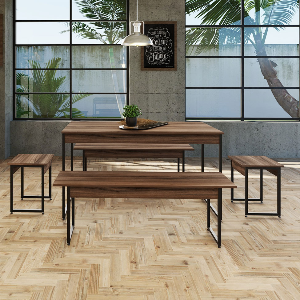 Conjunto de Mesa de Jantar com 2 Bancos e 2 Banquetas Studio Nogal e Preto