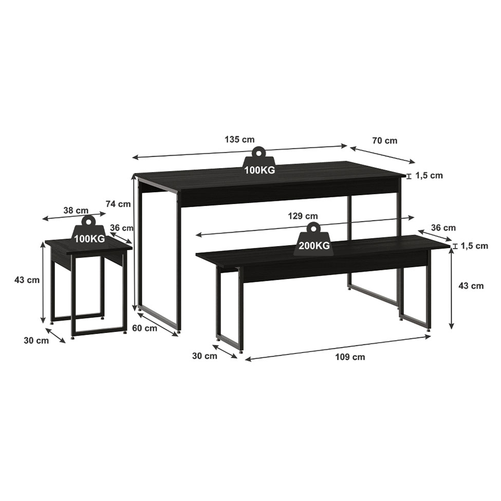 Conjunto de Mesa de Jantar com 2 Bancos e 2 Banquetas Studio Preto
