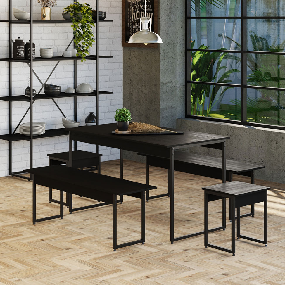 Conjunto de Mesa de Jantar com 2 Bancos e 2 Banquetas Studio Preto