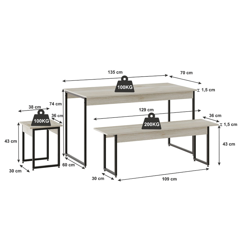 Conjunto de Mesa de Jantar com 2 Bancos e 2 Banquetas Studio Snow e Preto