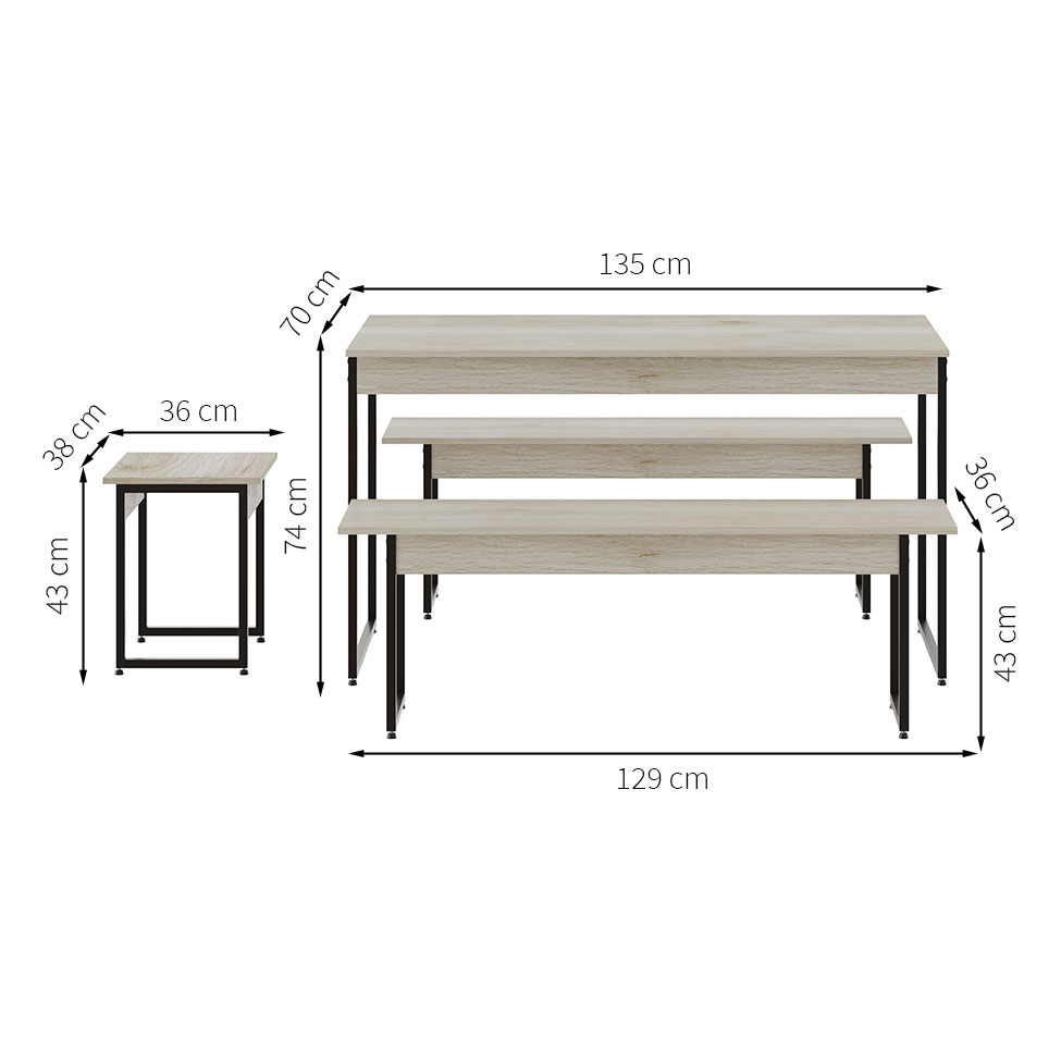 Conjunto de Mesa de Jantar com 2 Bancos e 2 Banquetas Studio Snow e Preto