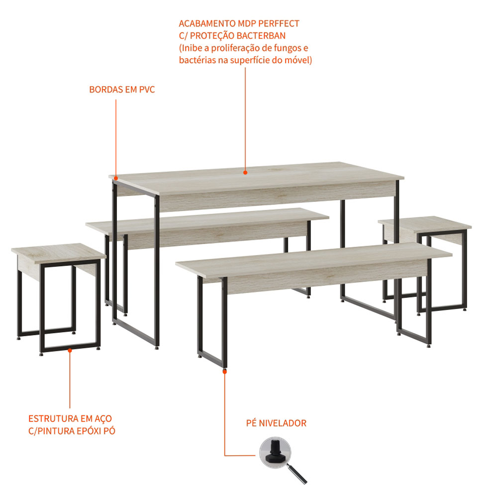 Conjunto de Mesa de Jantar com 2 Bancos e 2 Banquetas Studio Snow e Preto
