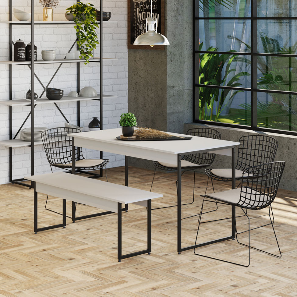 Conjunto de Mesa de Jantar com Banco Studio Branco Chess e Preto