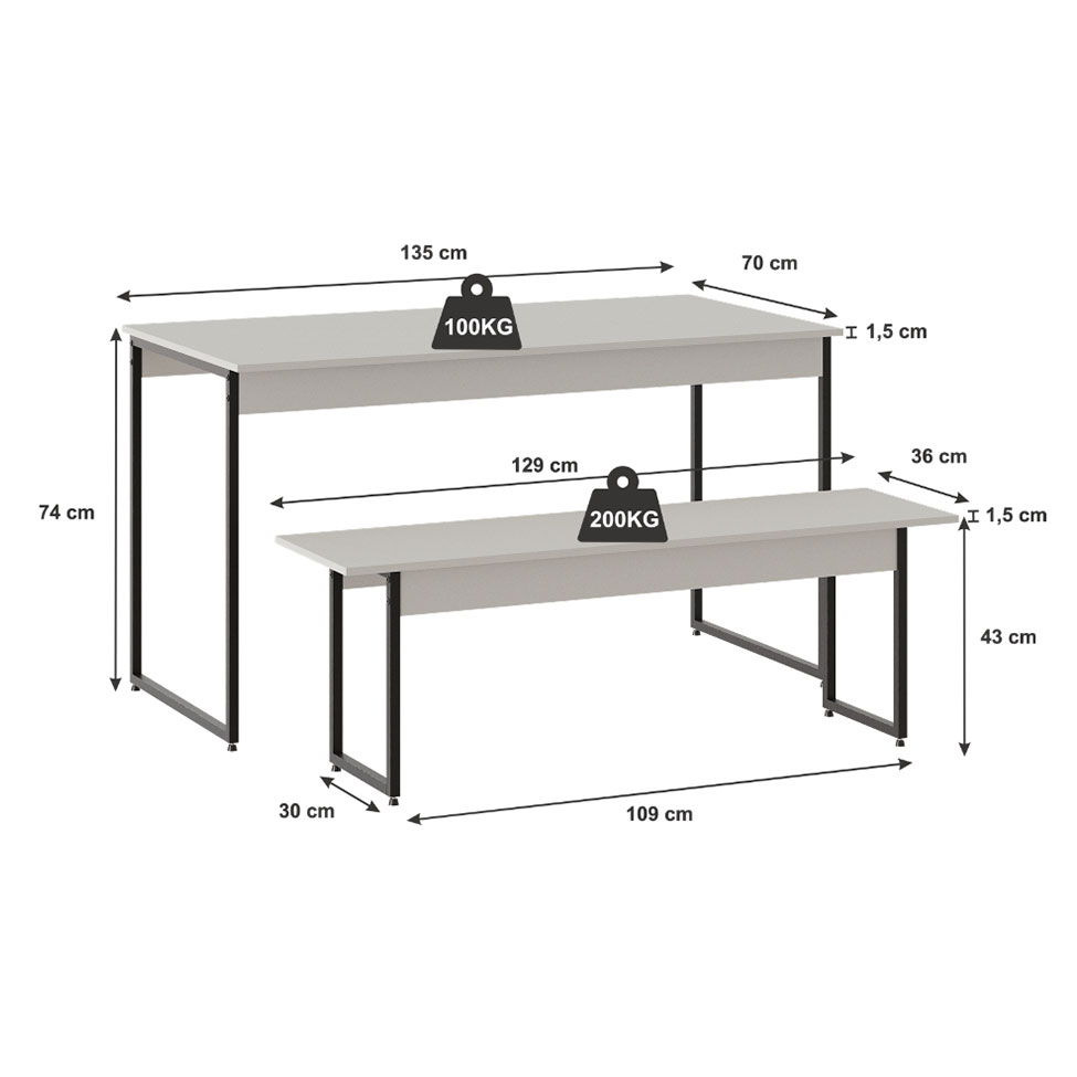 Conjunto de Mesa de Jantar com Banco Studio Branco Chess e Preto