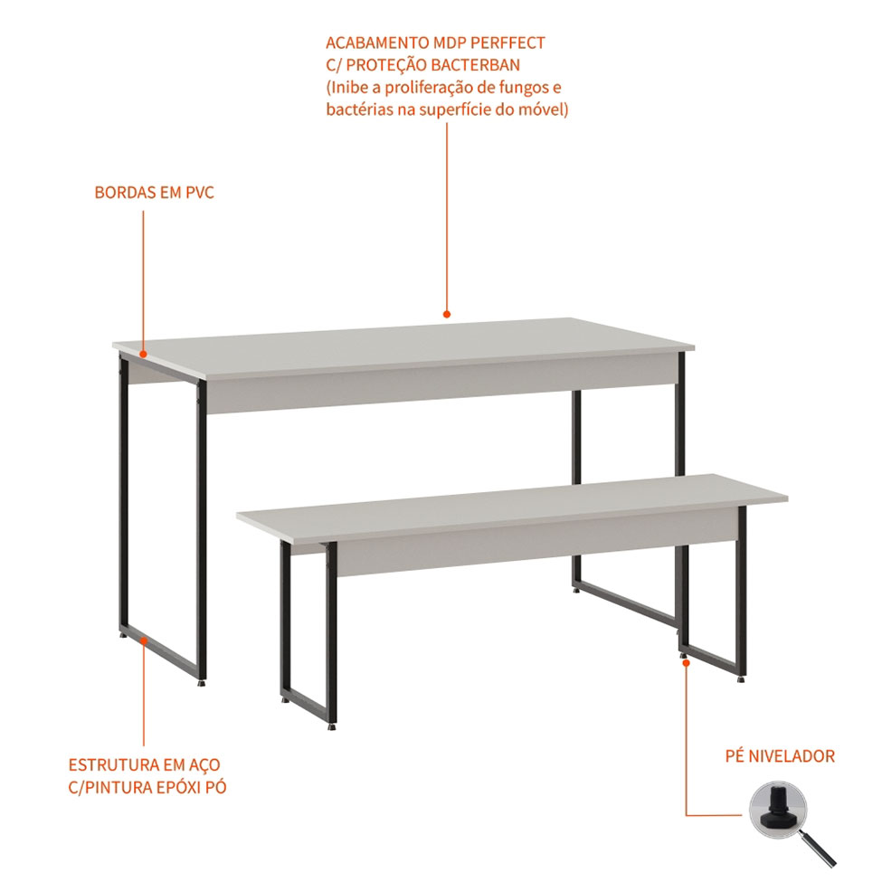 Conjunto de Mesa de Jantar com Banco Studio Branco Chess e Preto