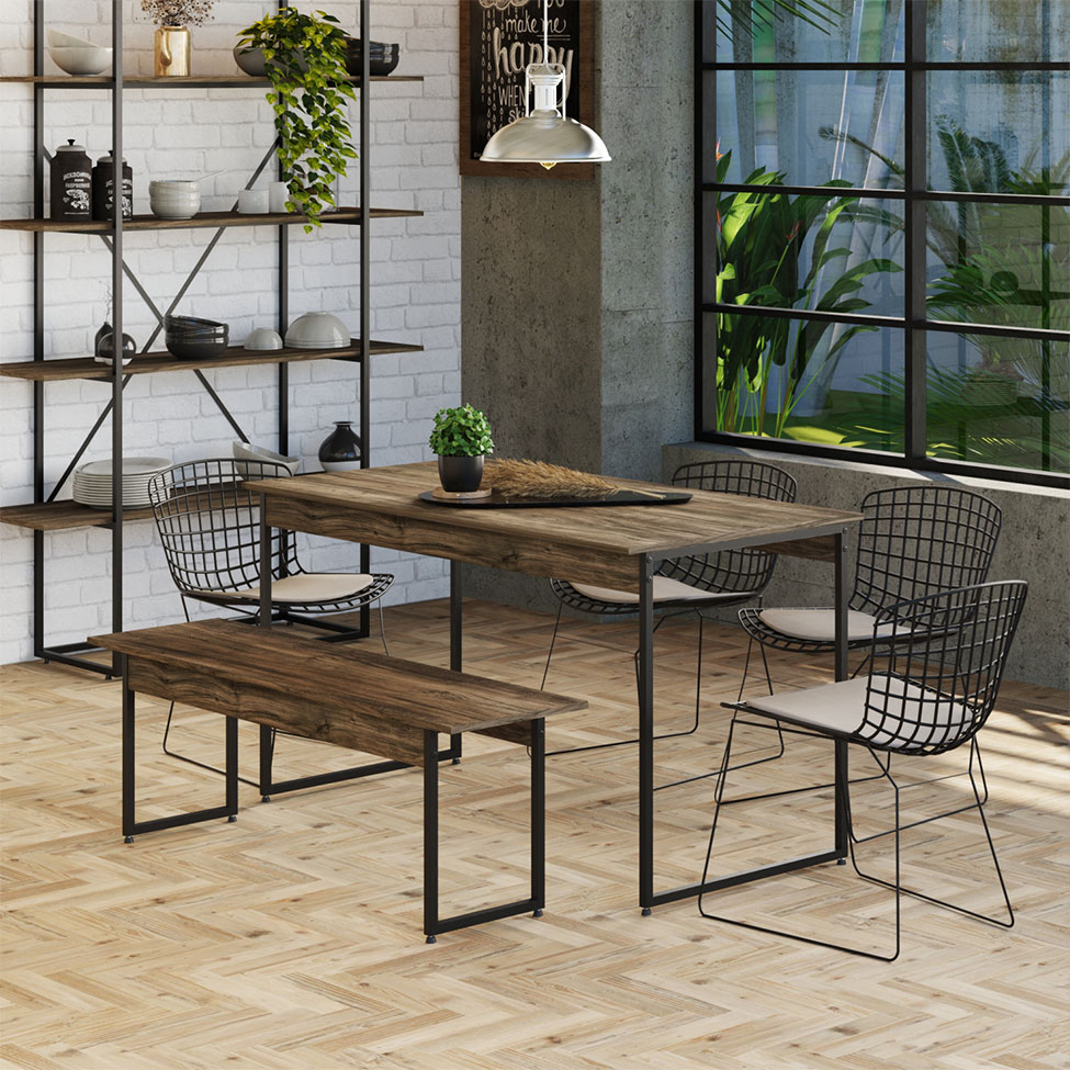 Conjunto de Mesa de Jantar com Banco Studio Carvalho Dark e Preto